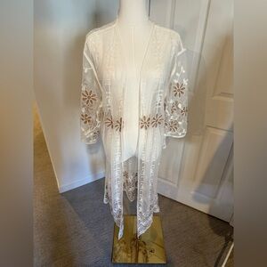 Sheer Embroidered Kimono Duster – Ivory Floral Lace, NWOT